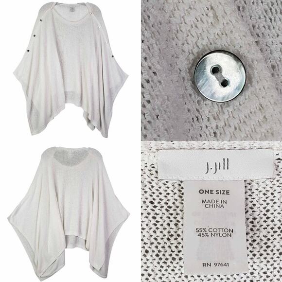 J Jill Poncho Asymmetrical Knit White Sweater One Size Cotton Boho Button - Picture 1 of 7